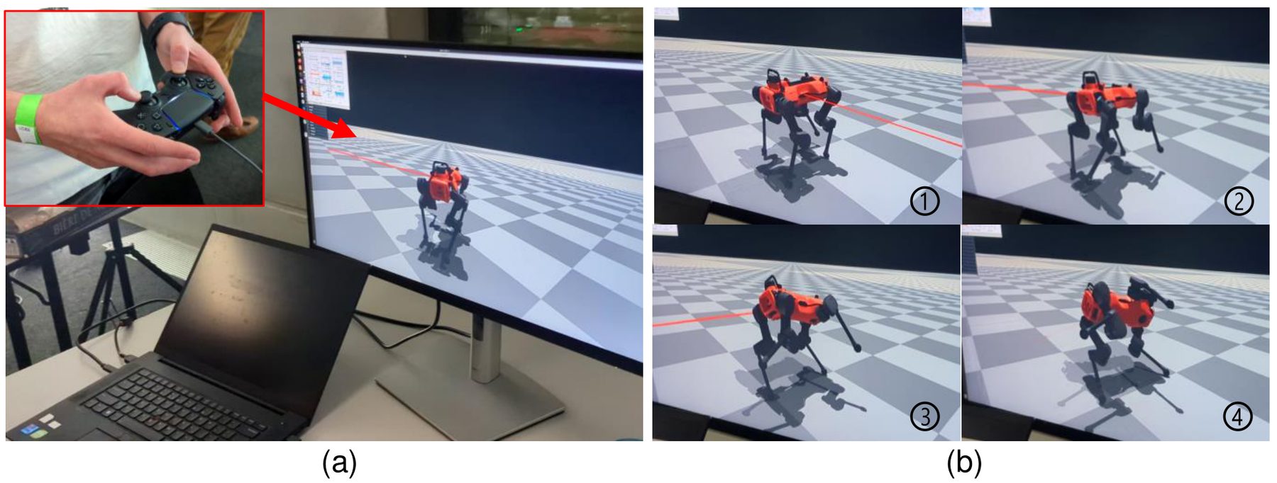 A participant holding a game controller in front of a simulator screen, and four snapshots of the simulated robot falling