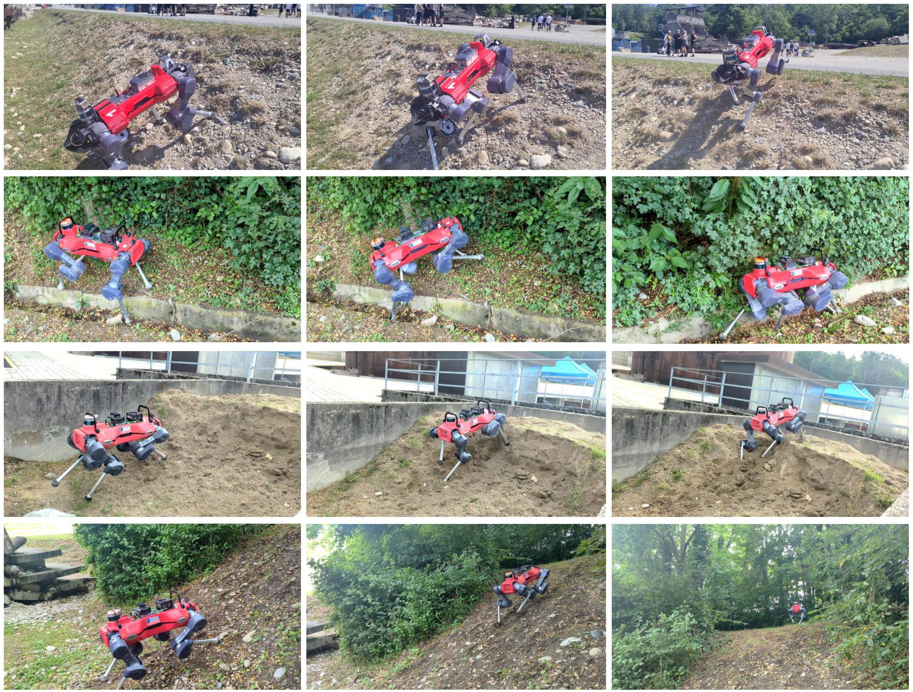 Grid of photos of ANYmal walking on rough slopes, ditches, sand and a steep gravel road