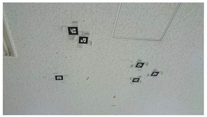 Photo of the ceiling after the mission with several markers, some of them bunched closely together.