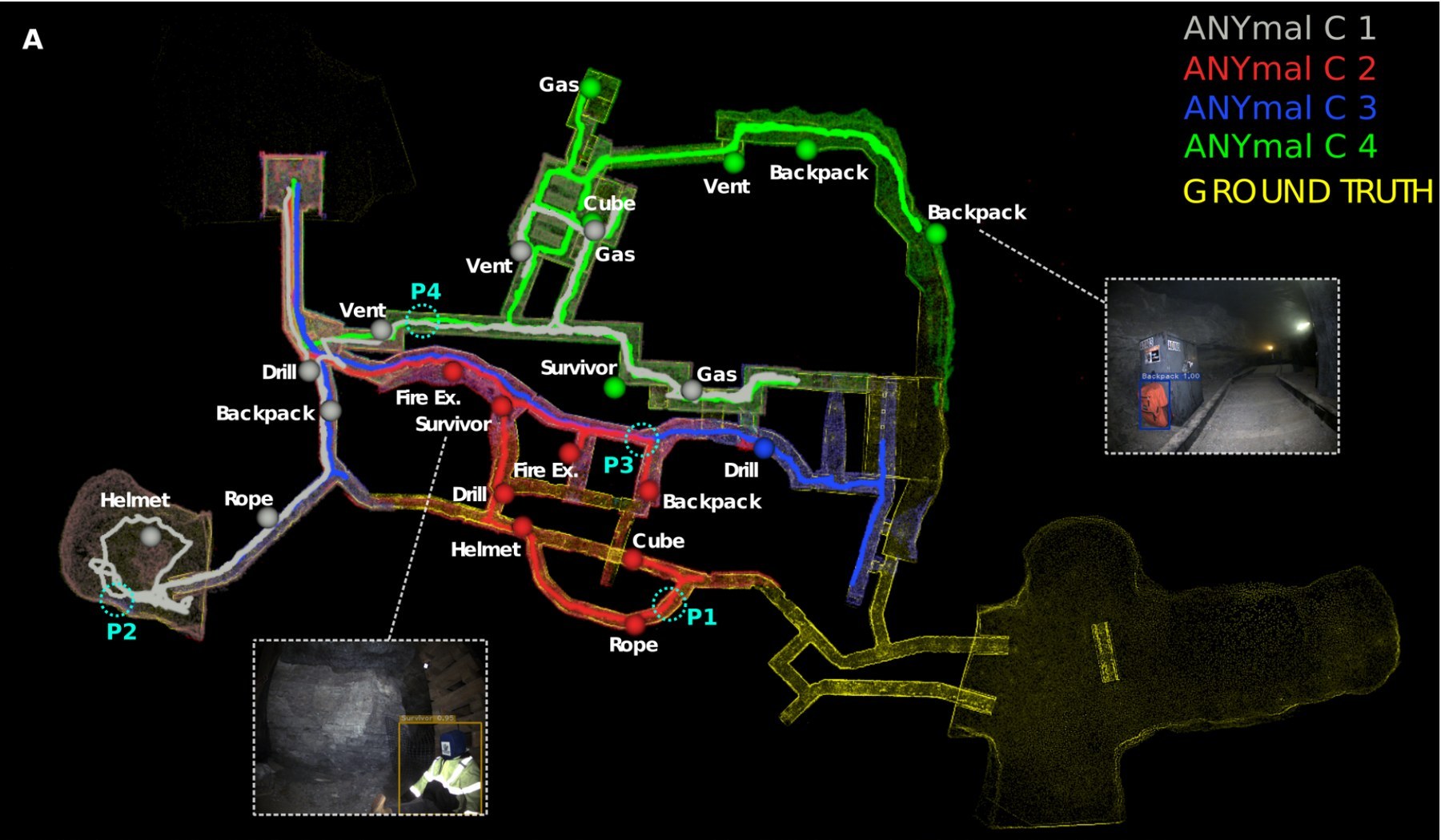Top-down map of the final course with four coloured robot trajectories over DARPA's yellow ground-truth map and labels for 23 reported artifacts