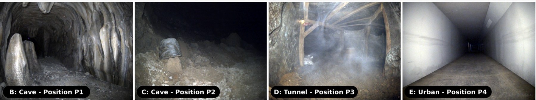 Four onboard camera images from the final: a narrow cave passage, rough rocky ground, a smoke-filled mine tunnel, and a featureless white corridor