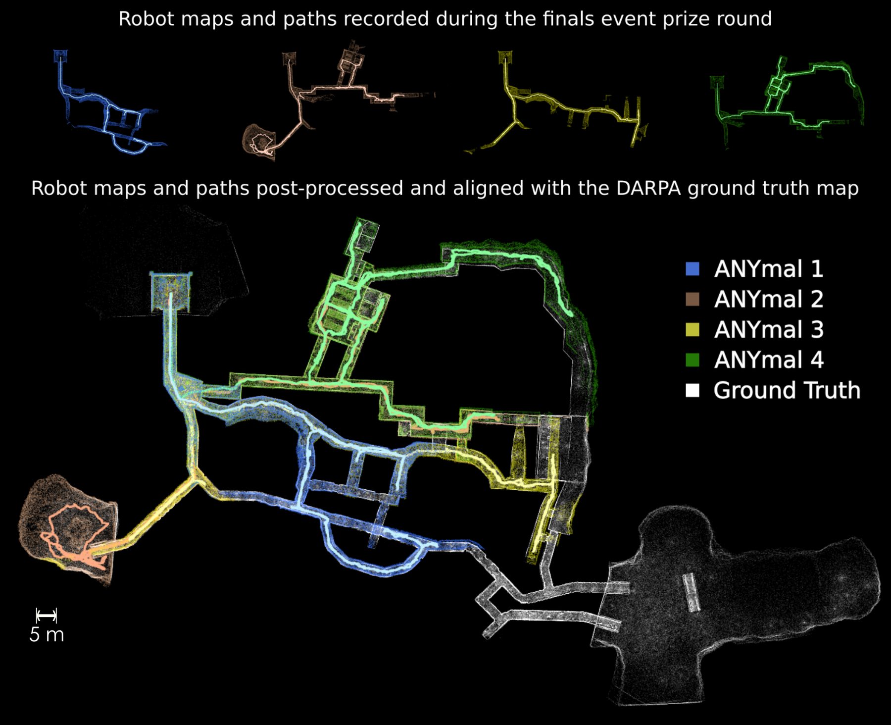 Each ANYmal's onboard map and path from the Prize Round, and the same aligned to DARPA's ground-truth map