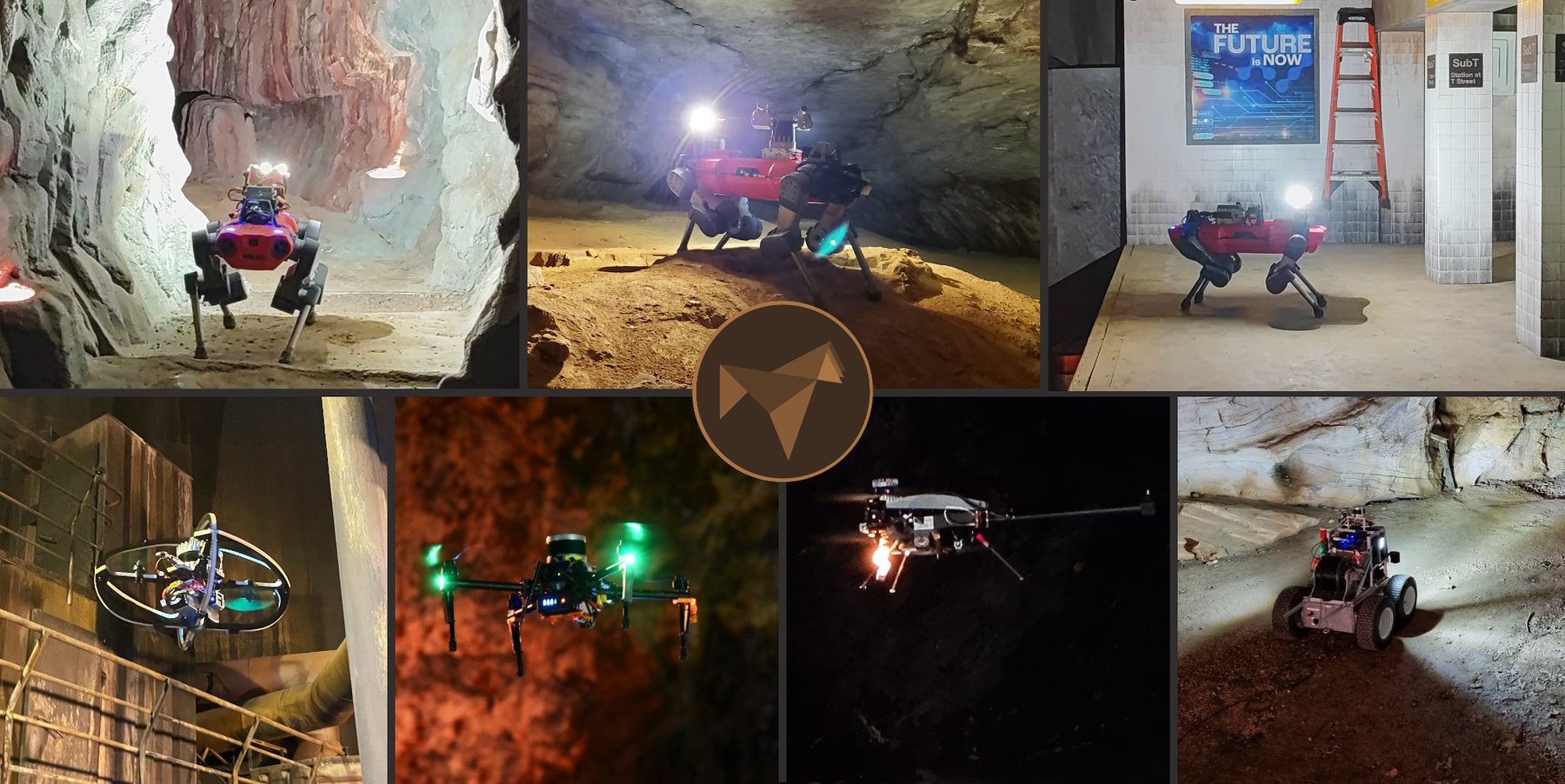Photo collage: ANYmal quadrupeds in a cave, a tunnel and a subway-like station; below, a caged drone, two larger drones and a wheeled rover underground
