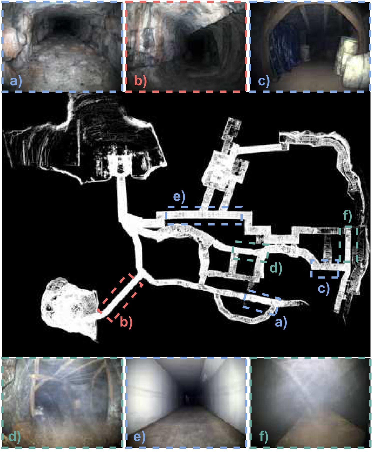 Course map with regions of different perception degradation and onboard camera images of darkness, narrow passages and smoke