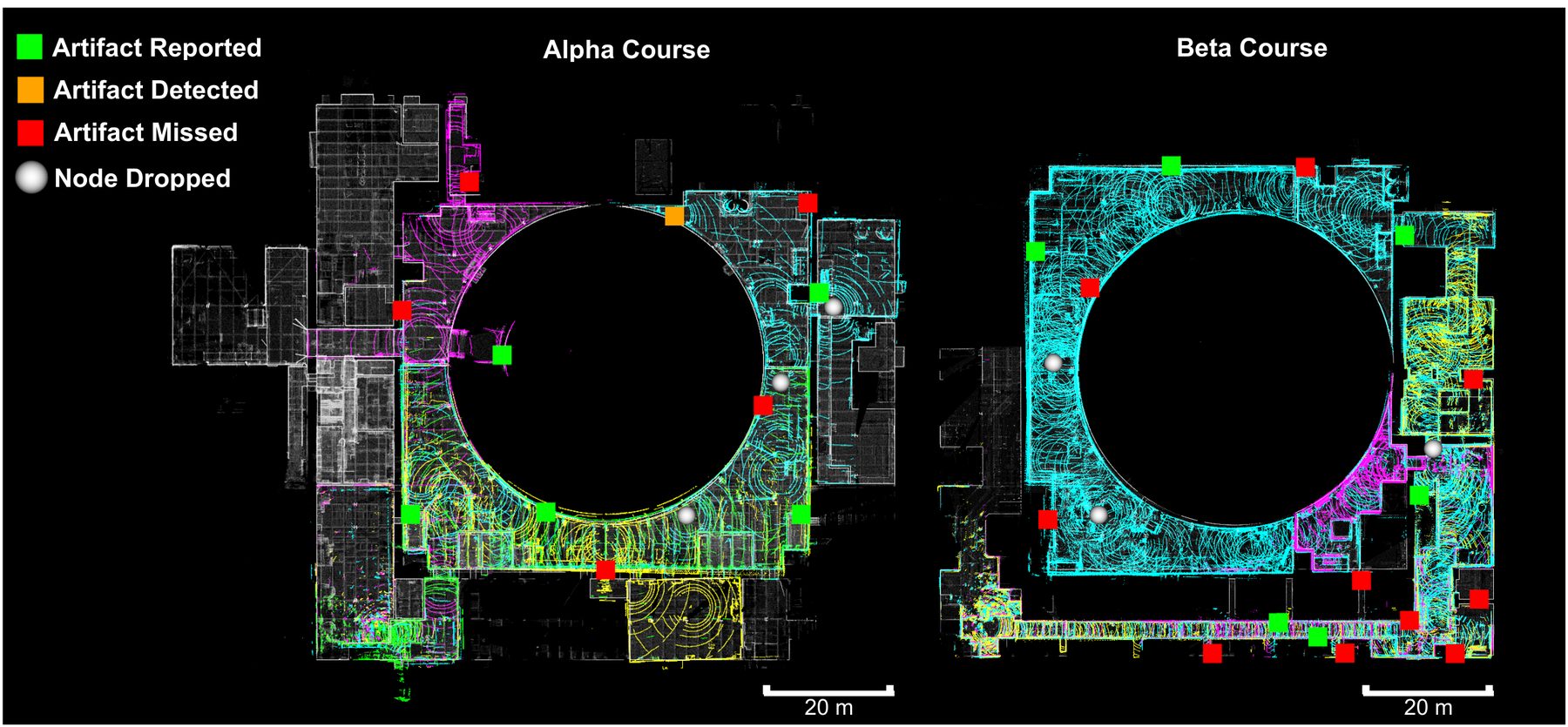 Merged multi-robot maps of the Urban Alpha and Beta courses over DARPA ground truth