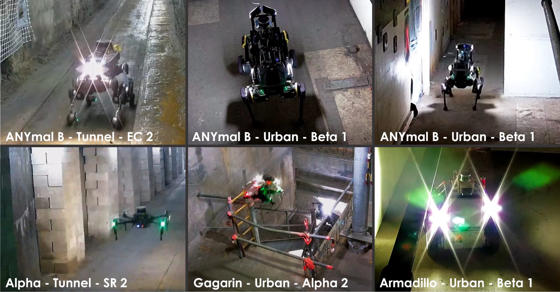 Photos of CERBERUS walking robots, drones and the rover inside the competition courses