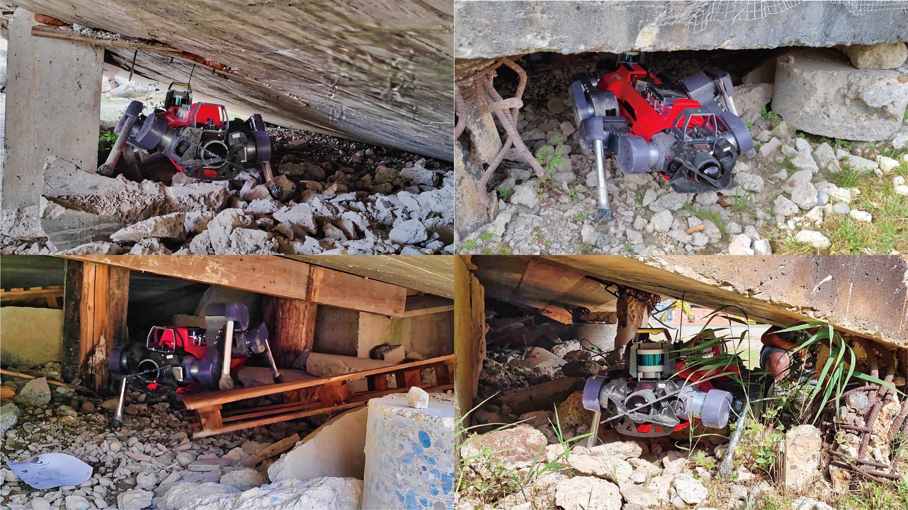 Four photos of a red quadruped robot crouching under concrete slabs and wooden structures over rubble