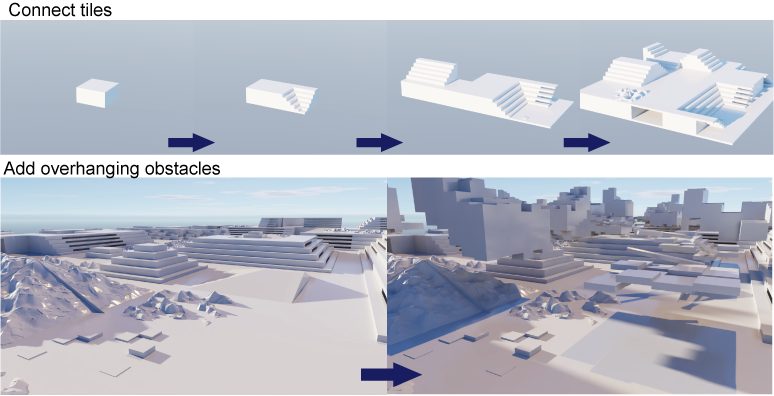 Top: a single tile growing into a connected terrain of stairs and platforms. Bottom: the same terrain before and after adding floating boxes