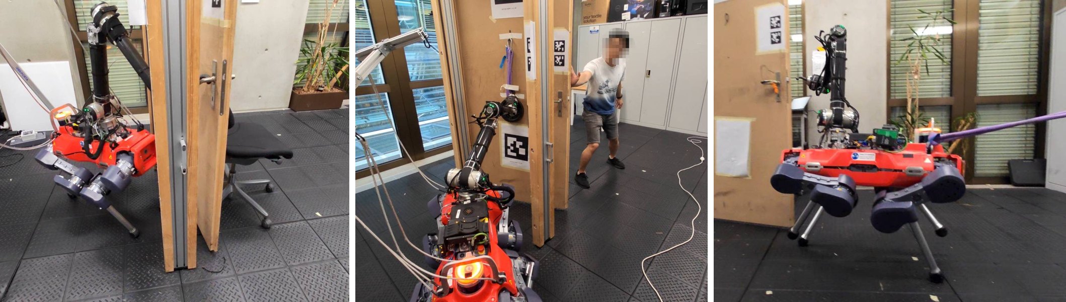Three photos: a chair in front of the door, a person pushing on the door while the robot holds it, a rope attached to the robot