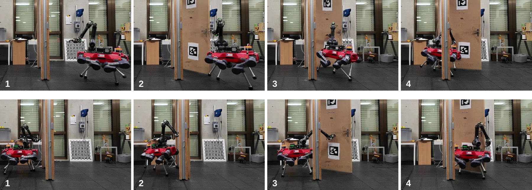 Two rows of four photos: the ANYmal robot with an arm opening and passing through a pull door (top) and a push door (bottom)