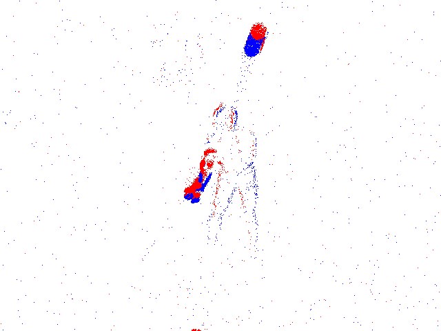 Raw event camera view from the robot: red and blue dots outline the lab and a ball.
