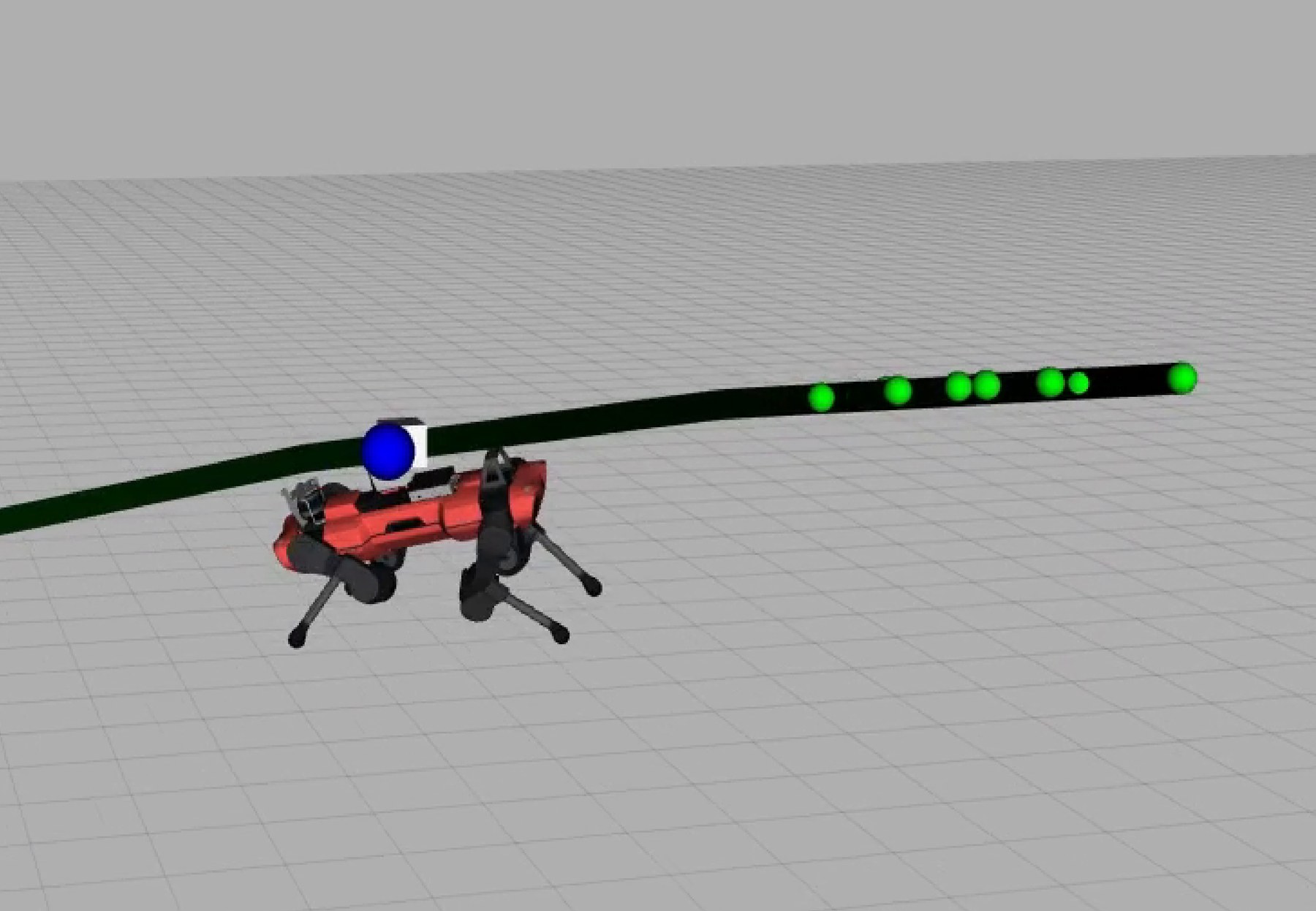 Visualisation of detected ball positions, the fitted parabola and the estimated impact point near the robot model.