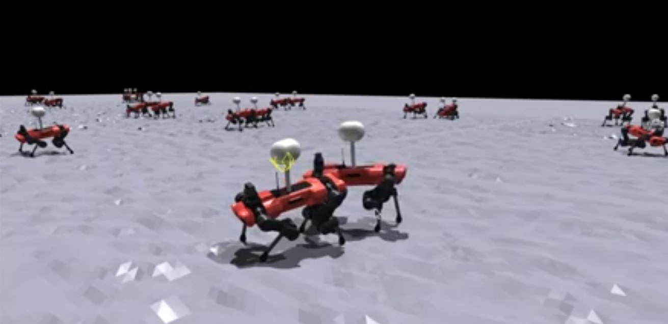 Many simulated ANYmal robots with nets on rough terrain, each tracking a yellow target sphere.