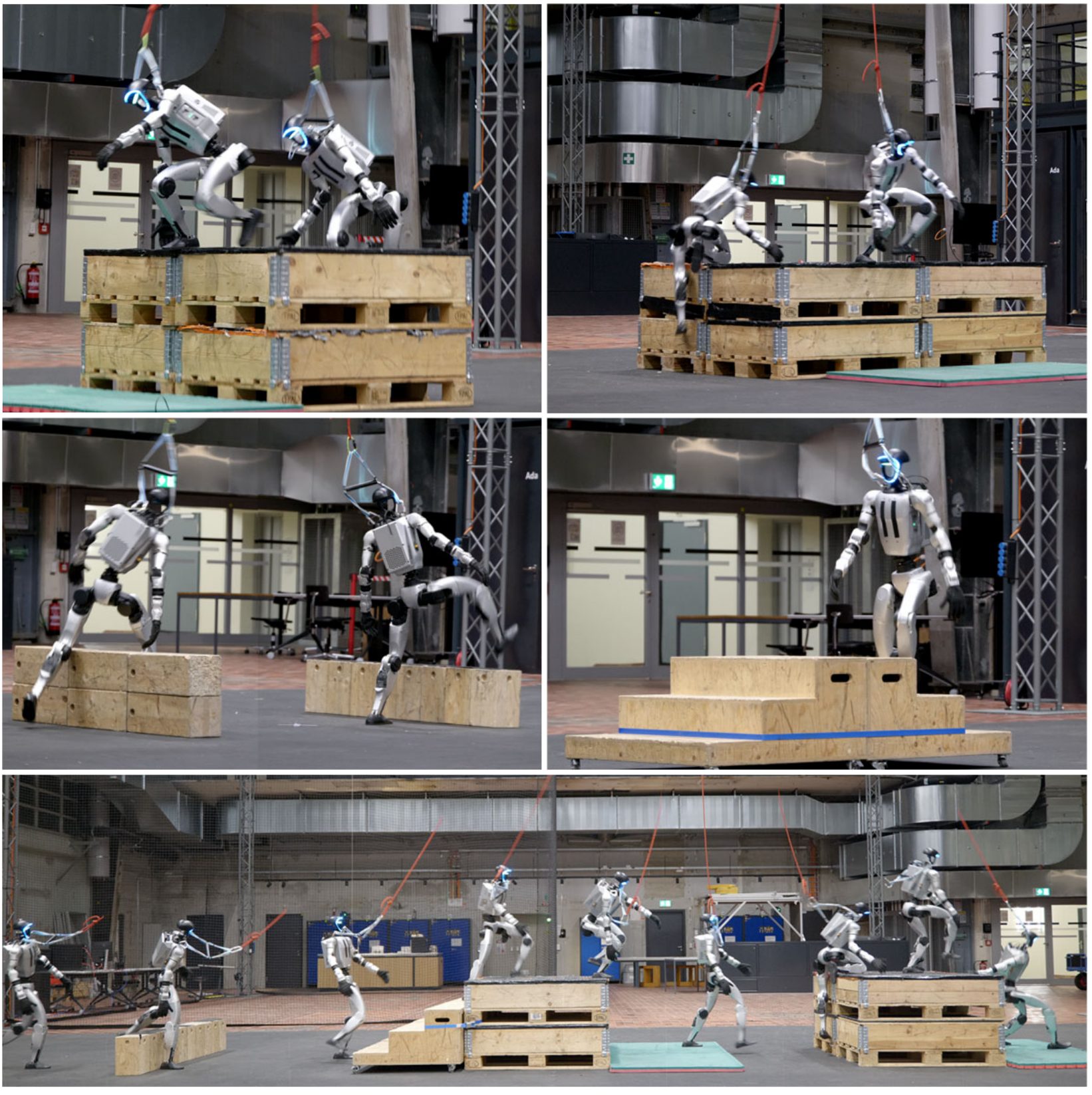Photo collage of the G1 humanoid climbing a box, jumping down, vaulting and crossing mixed terrain