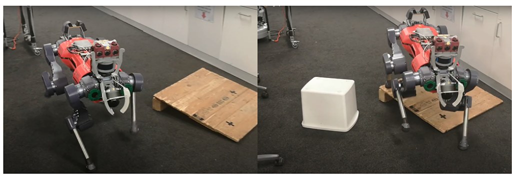 Left: ANYmal walks past a wooden block. Right: with a white box blocking the side, ANYmal steps onto the block.