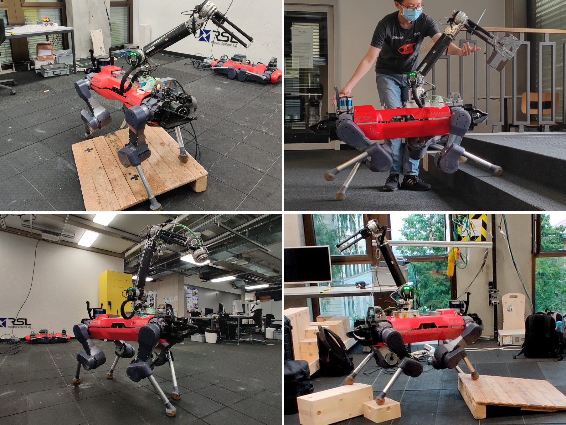 Four photos of ALMA: bare arm on a wooden pallet, arm with a brick climbing a step, arm with a wrist module, and walking over wooden blocks