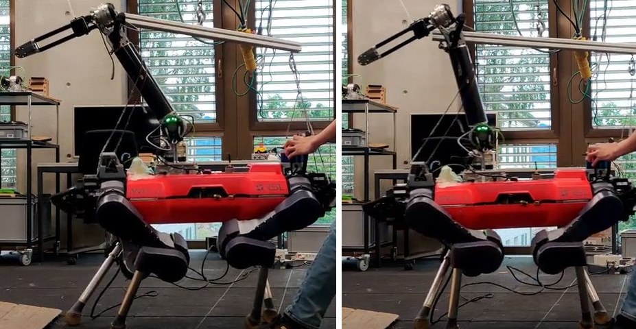 Two photos of a person pushing ALMA's base while the arm holds its end-effector in place