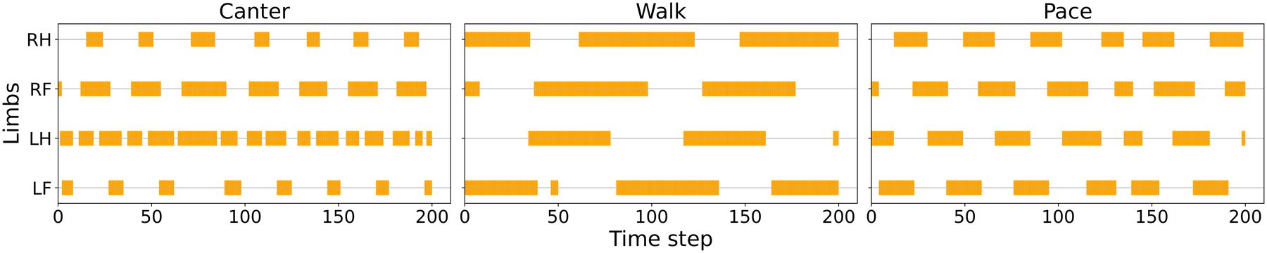 Three footfall diagrams for canter, walk and pace showing when each of the four feet touches the ground