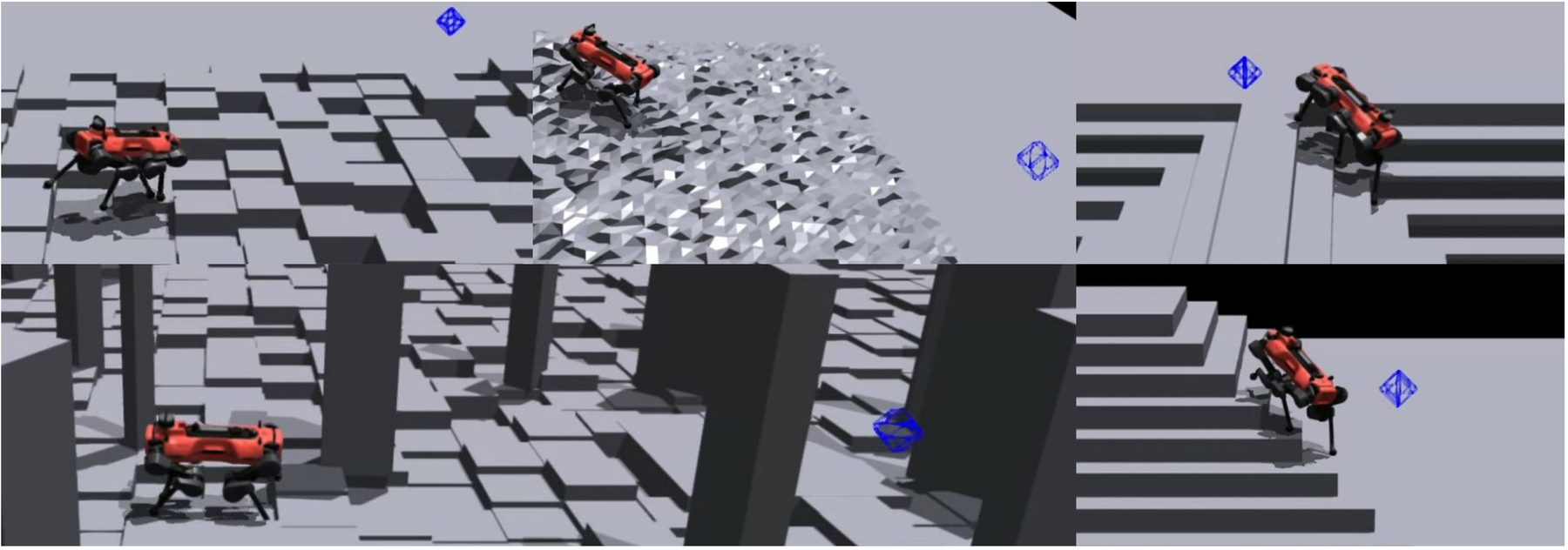 Simulated training field with many robots among boxes, stairs, rugged slopes and tall pillars