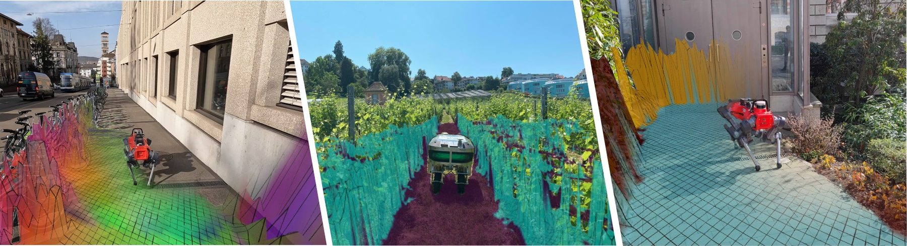 Three photos with map overlays: a legged robot on a city pavement with a rainbow-coloured feature map, a wheeled robot in a vineyard with a segmentation map, and a legged robot in a garden with a segmentation map.