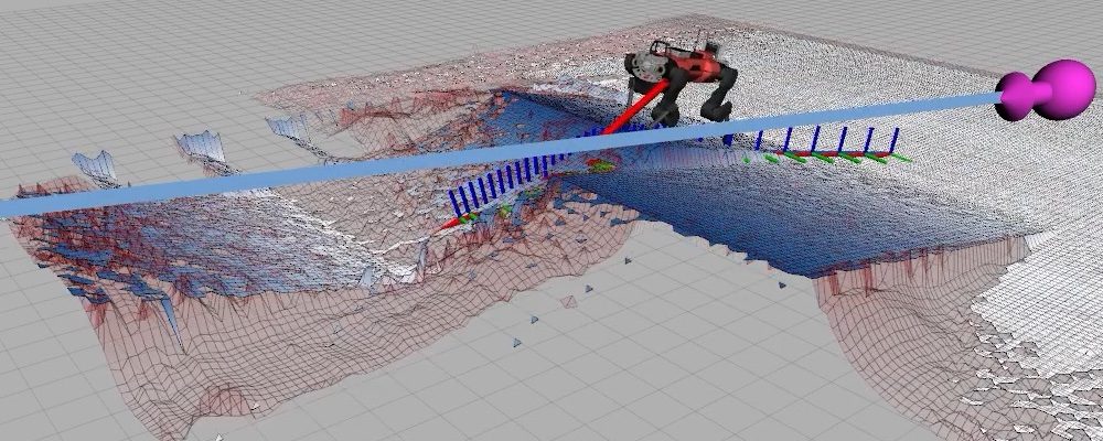 Simulated ANYmal on stairs with a reconstructed map shown in red; the planned path reaches much further.