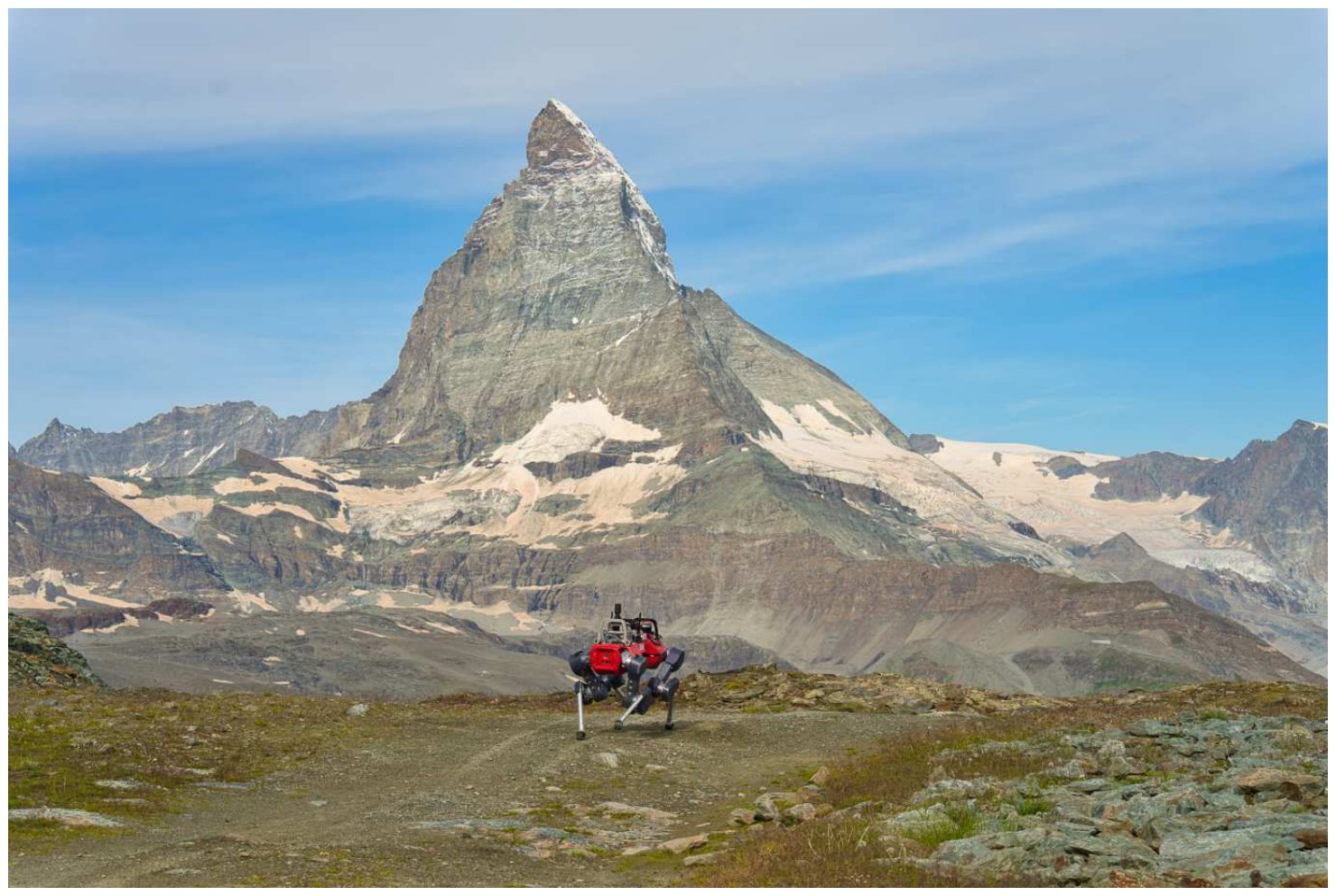The ANYmal robot walking on a mountain trail with the Matterhorn behind it