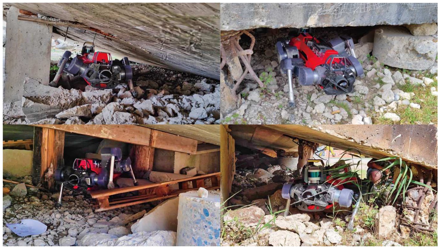 Four photos of ANYmal crouching under slabs and beams in a mock collapsed building