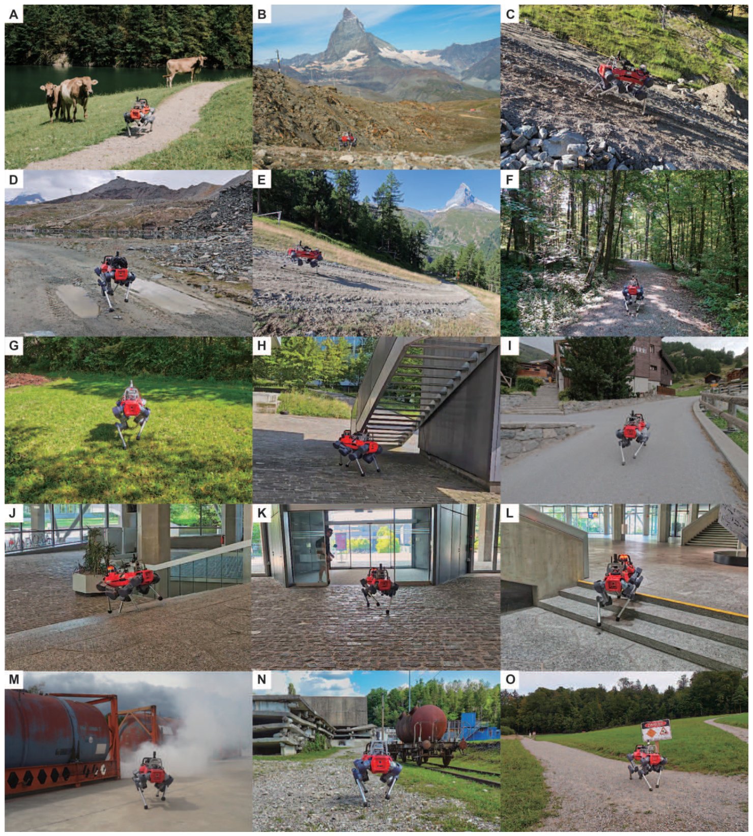 Grid of photos of the robot navigating trails, forest, campus, stairs, smoke, rail tracks and a sign