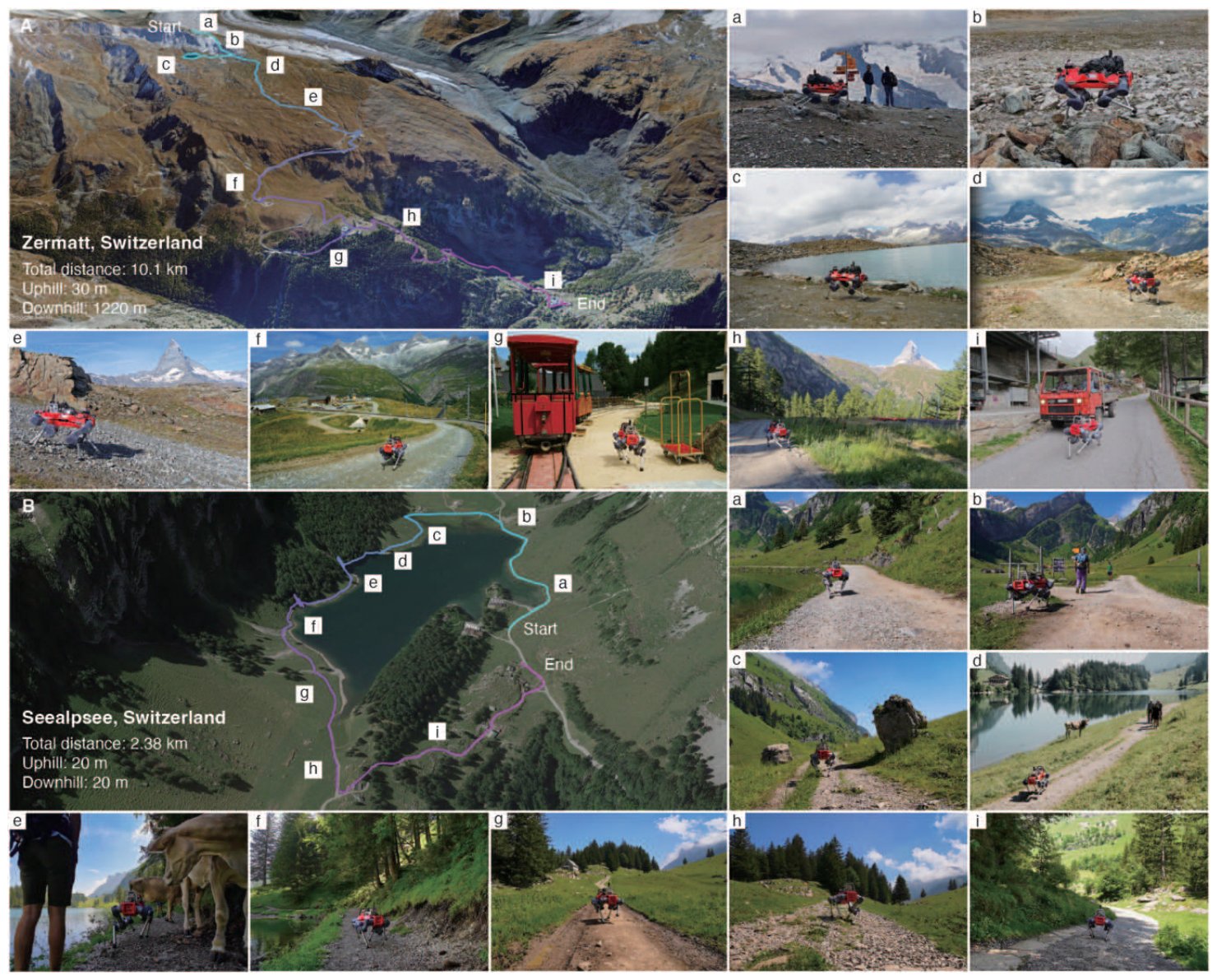 Satellite maps of the Zermatt and Seealpsee routes with photos along the way