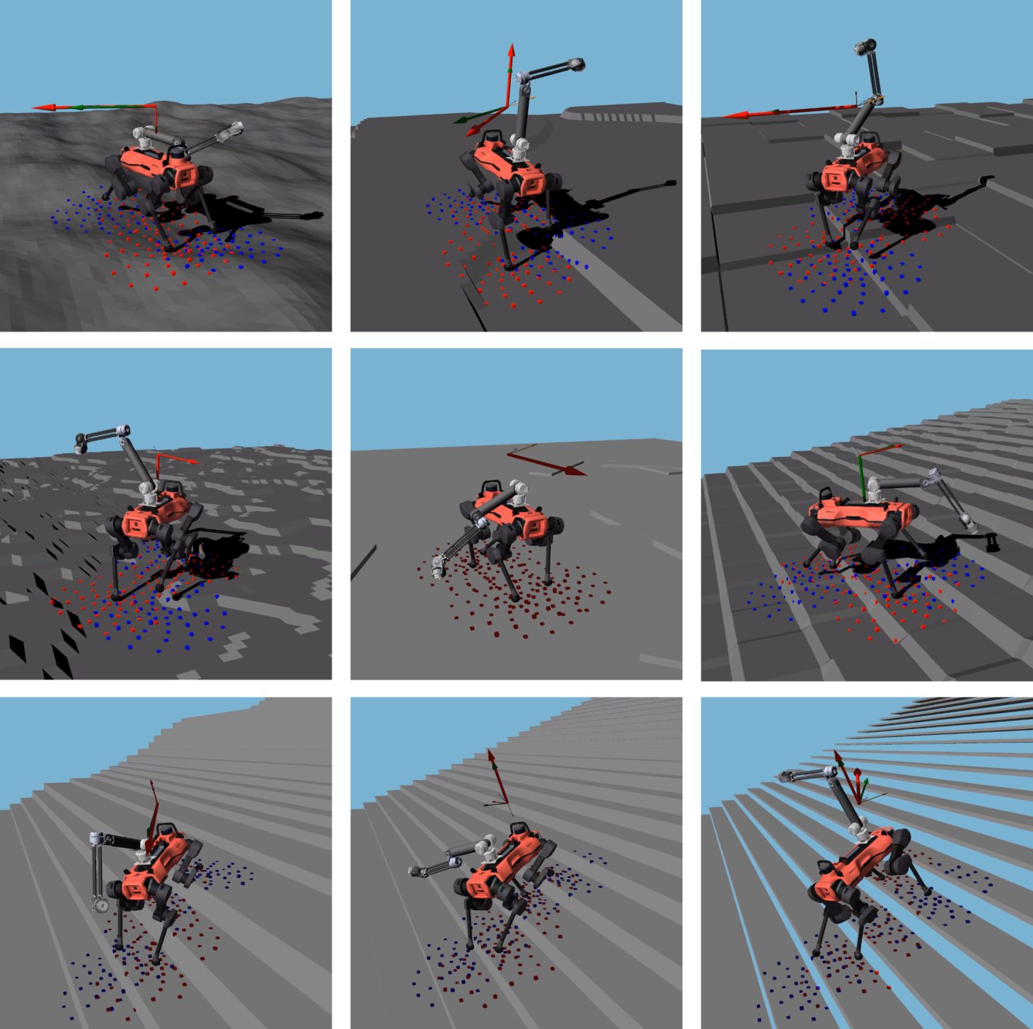 Simulated ANYmal robots with arms in random poses on procedurally generated terrain
