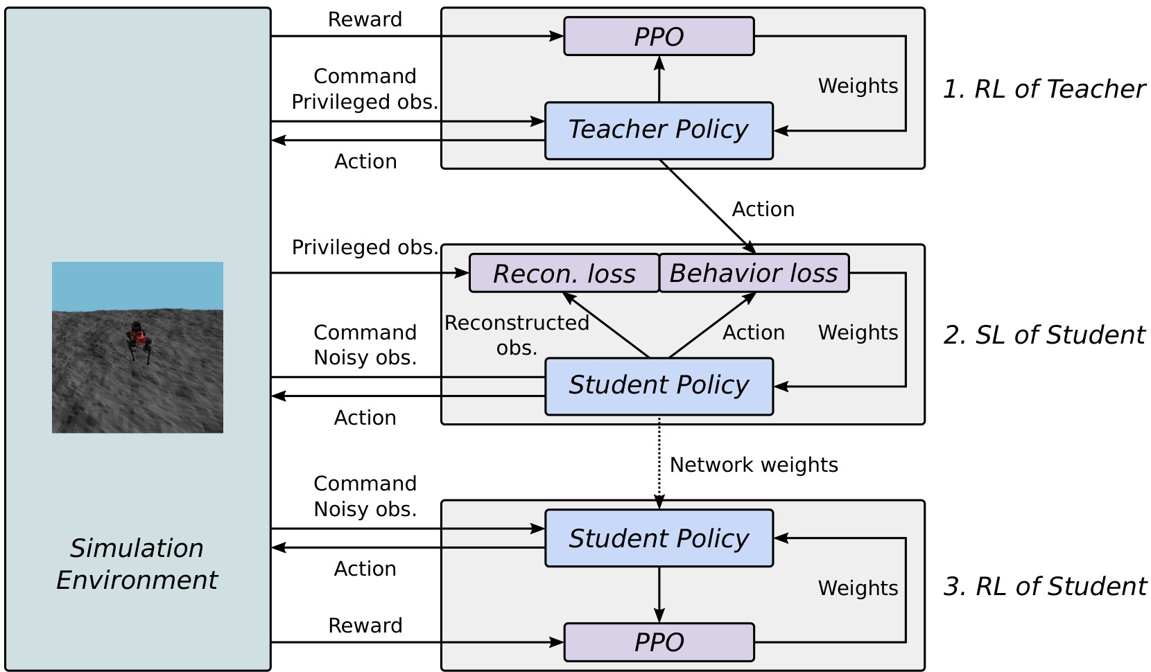 Diagram of three training stages connected to a simulation environment: RL of teacher with PPO, supervised learning of student with reconstruction and behaviour losses, RL of student with PPO