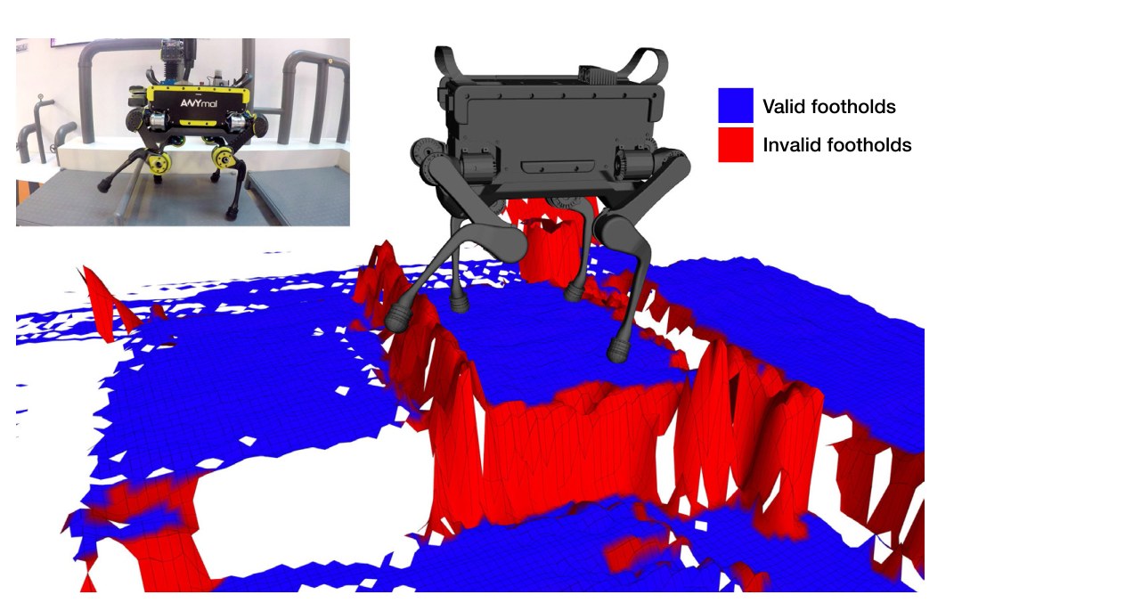 Rendered ANYmal over an elevation map coloured blue for valid and red for invalid footholds around a box obstacle