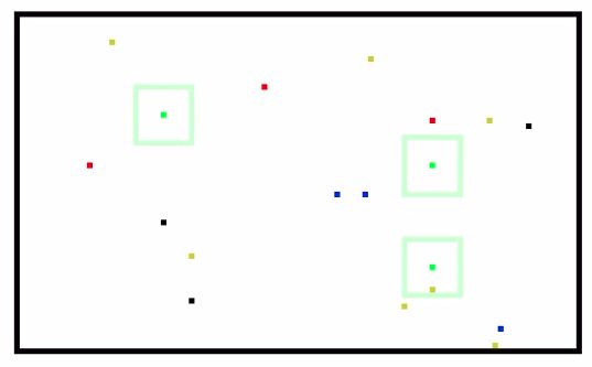 Top-down view of a white field with three green drone squares and small coloured object dots