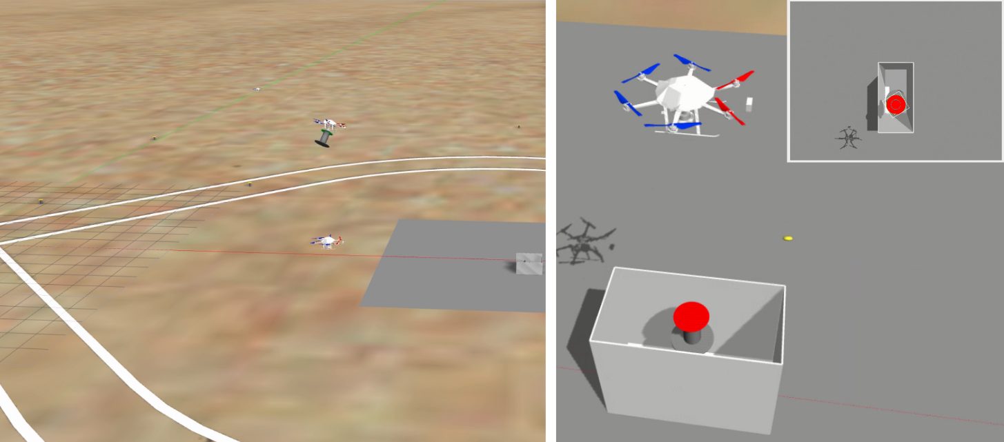 Screenshots of simulated drones over a sandy arena and a drone with a gripper above a drop box