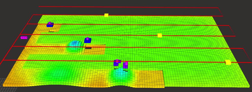 Top-down paths of three drones in a zig-zag pattern across the field