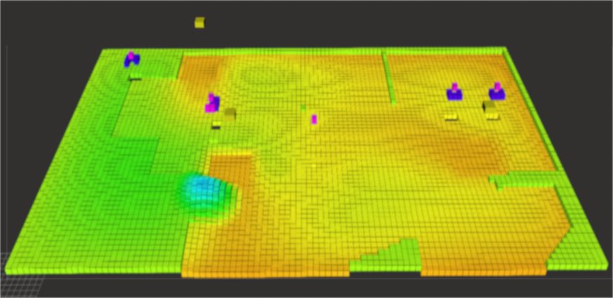 A 3-D bar map of the field with coloured bars and small drone markers