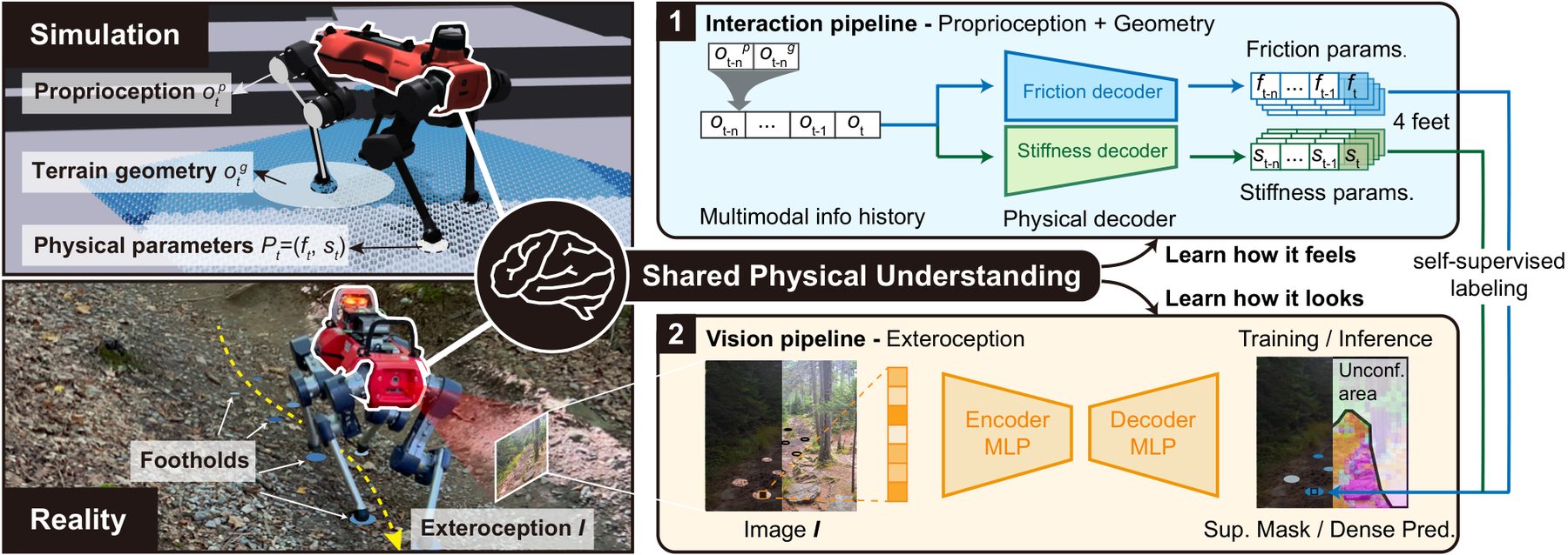 Overview: simulation-trained physical decoder labels footholds, which train a vision pipeline that outputs dense friction and stiffness with a confidence mask