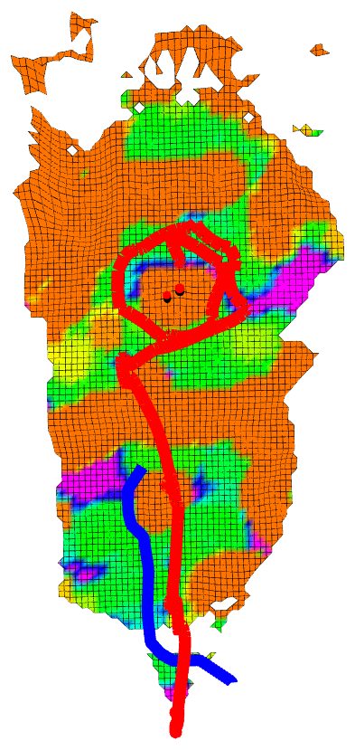Top view of the smoothed elevation map coloured by traversability with both paths