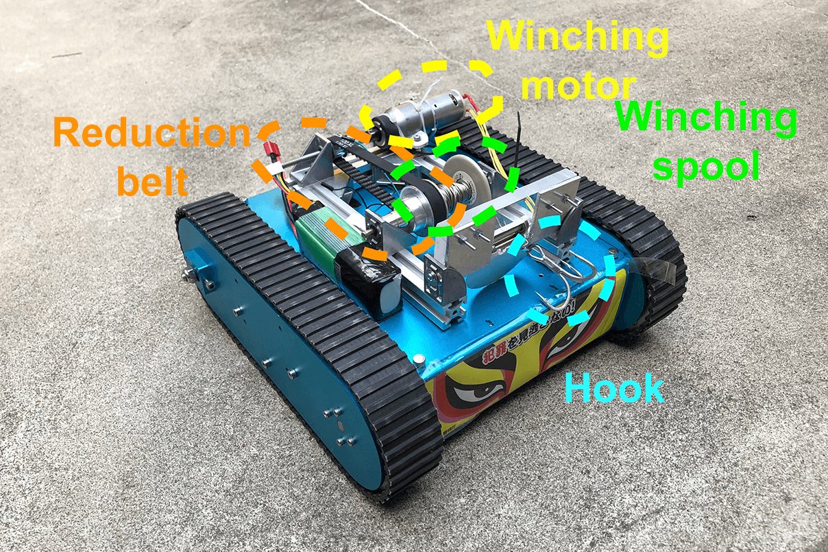Photo of the tracked ground robot with labels for winching motor, reduction belt, winching spool and hook
