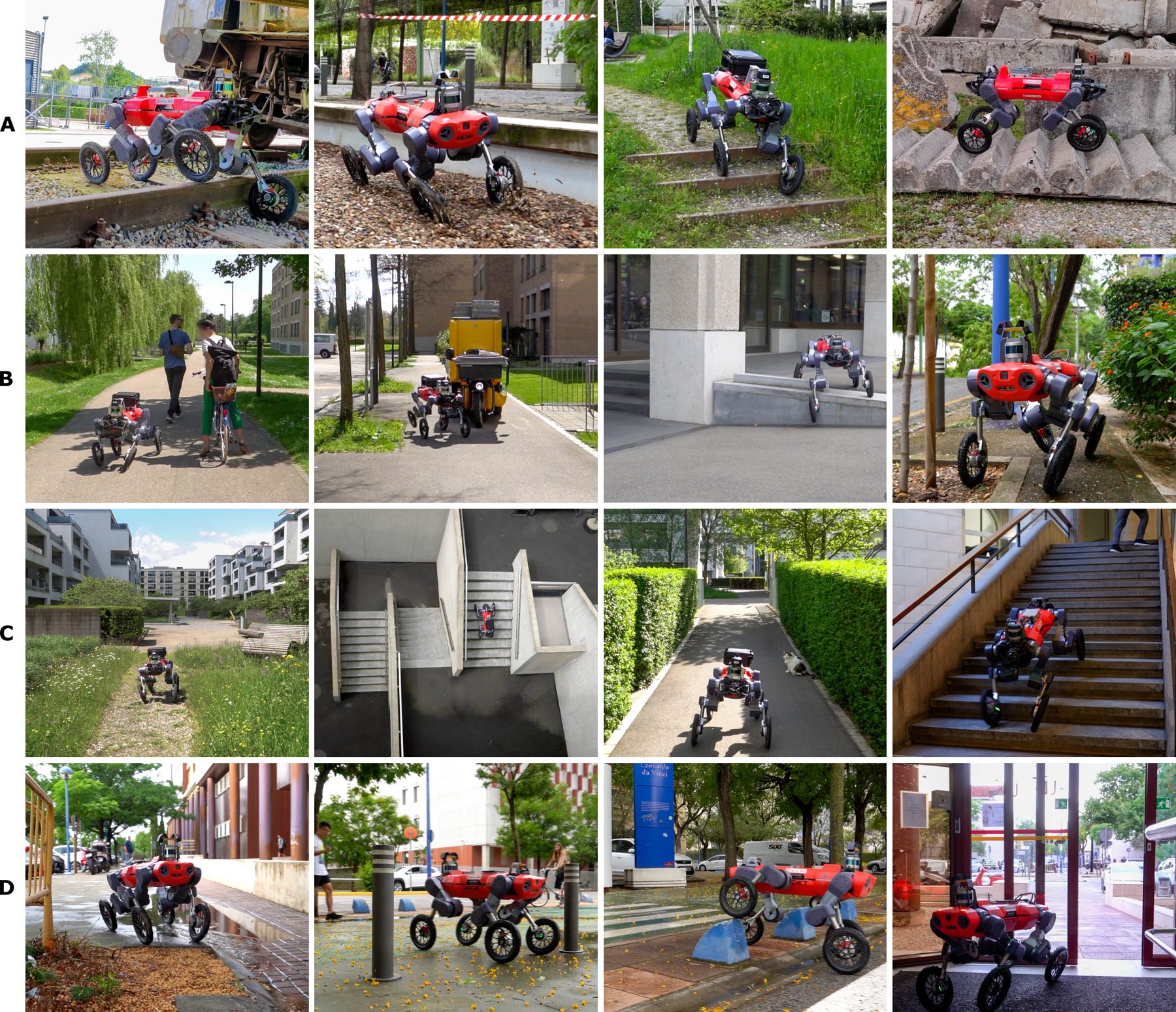 Photo collage of the wheeled-legged robot on stairs, steps, slopes and among pedestrians in Zurich and Seville