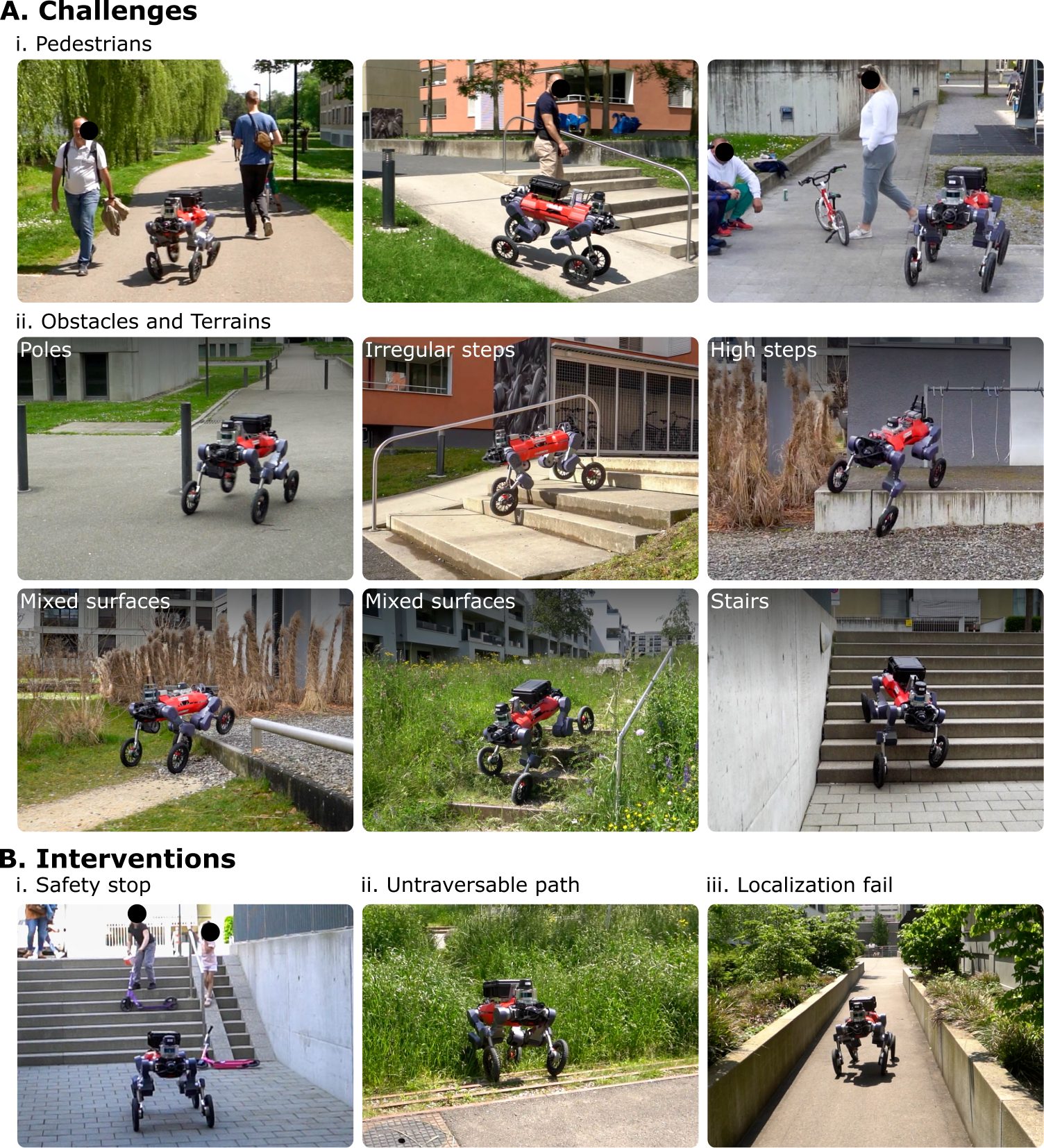 Photos of obstacles in the city and of the three situations that required intervention