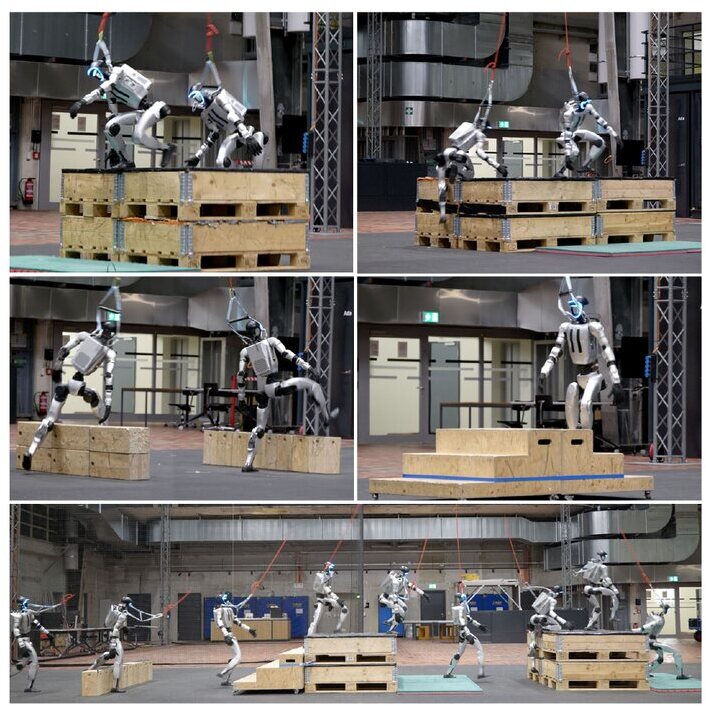 A Unitree G1 humanoid climbing boxes and stairs